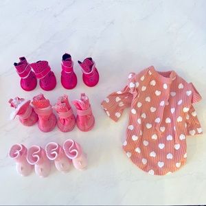 3 pairs of doggie booties and doggie heart shirt